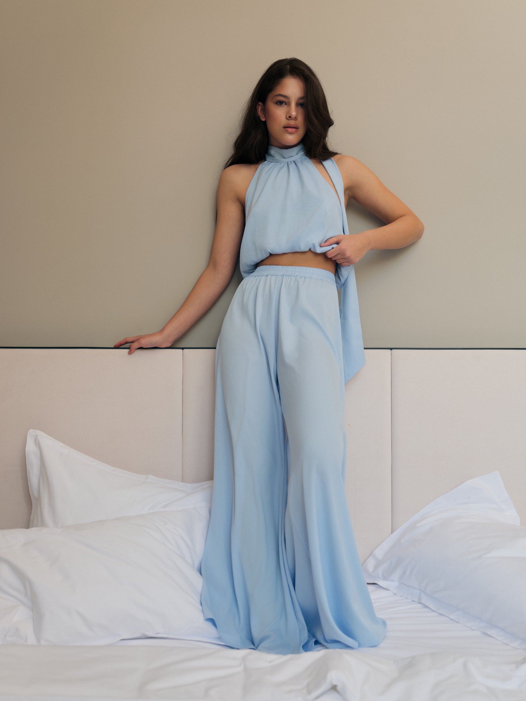 blue halter top and palazzo set
