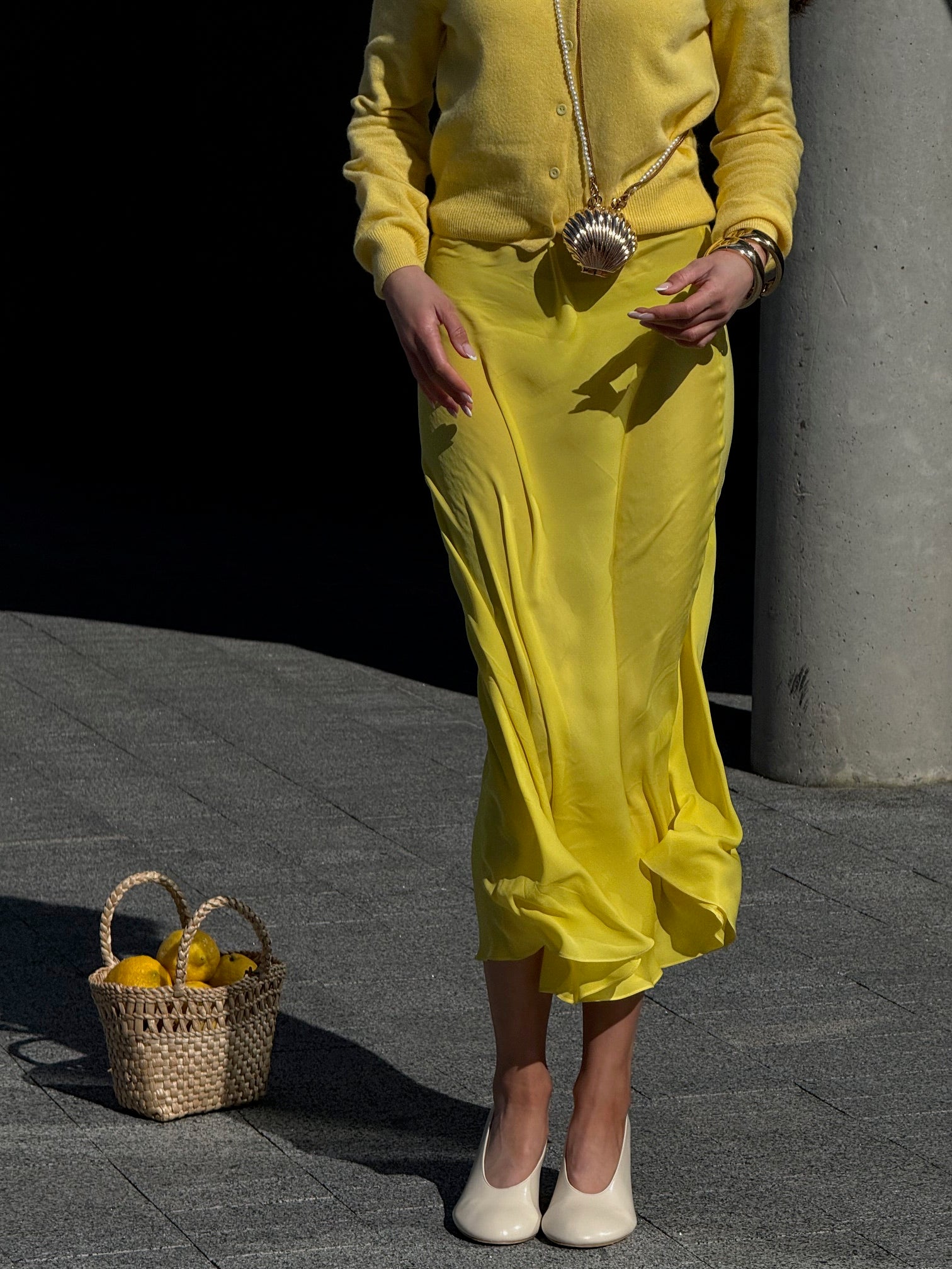yellow silk midi skirt