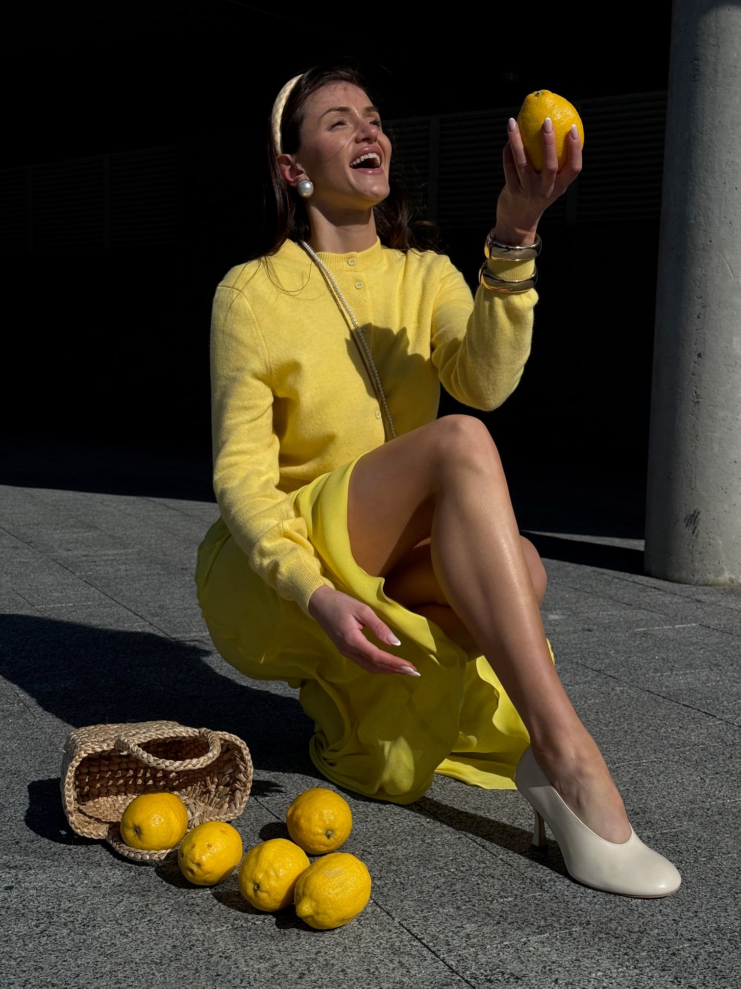 yellow silk midi skirt