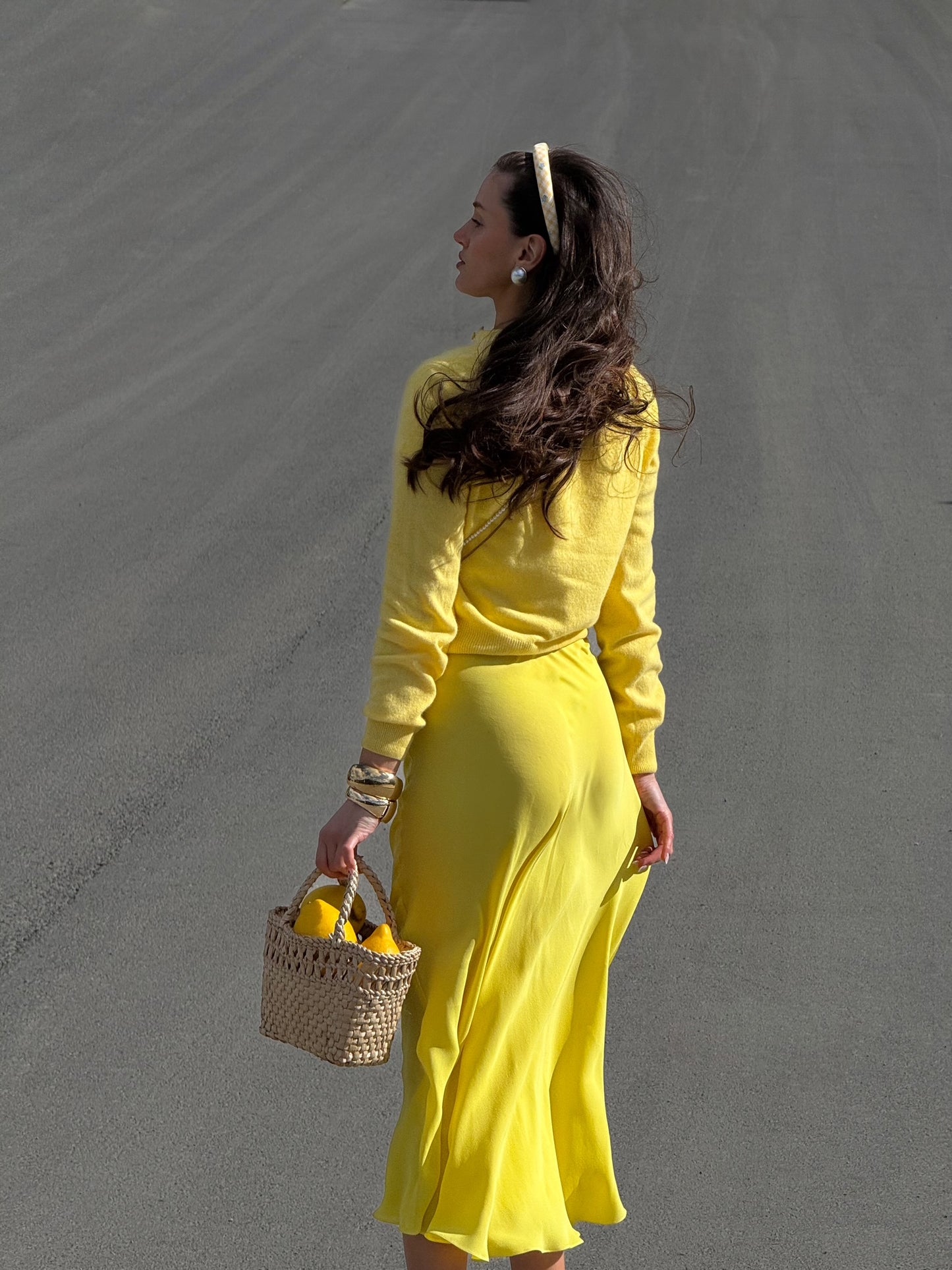 yellow silk midi skirt