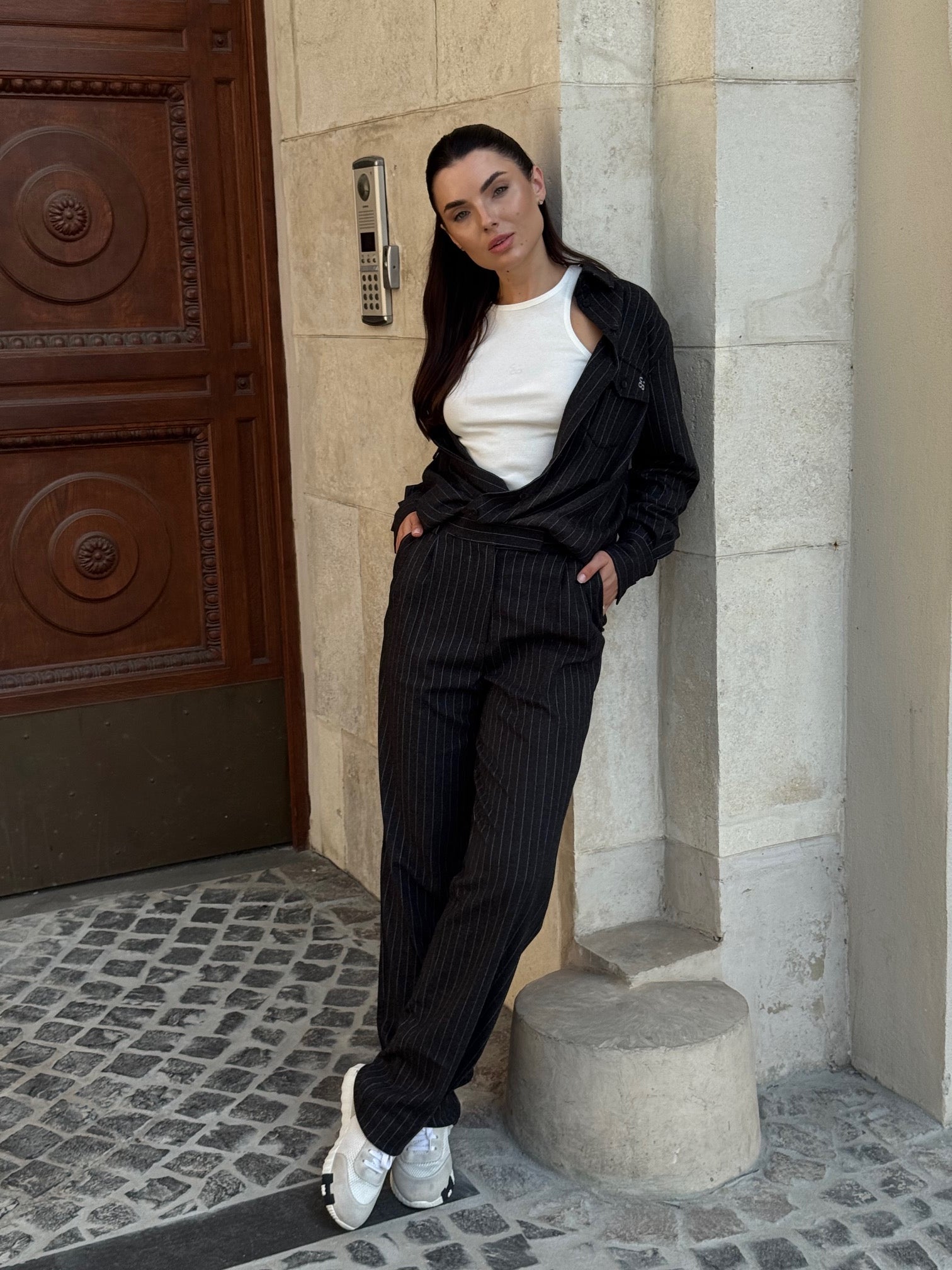 graphite striped straight pants