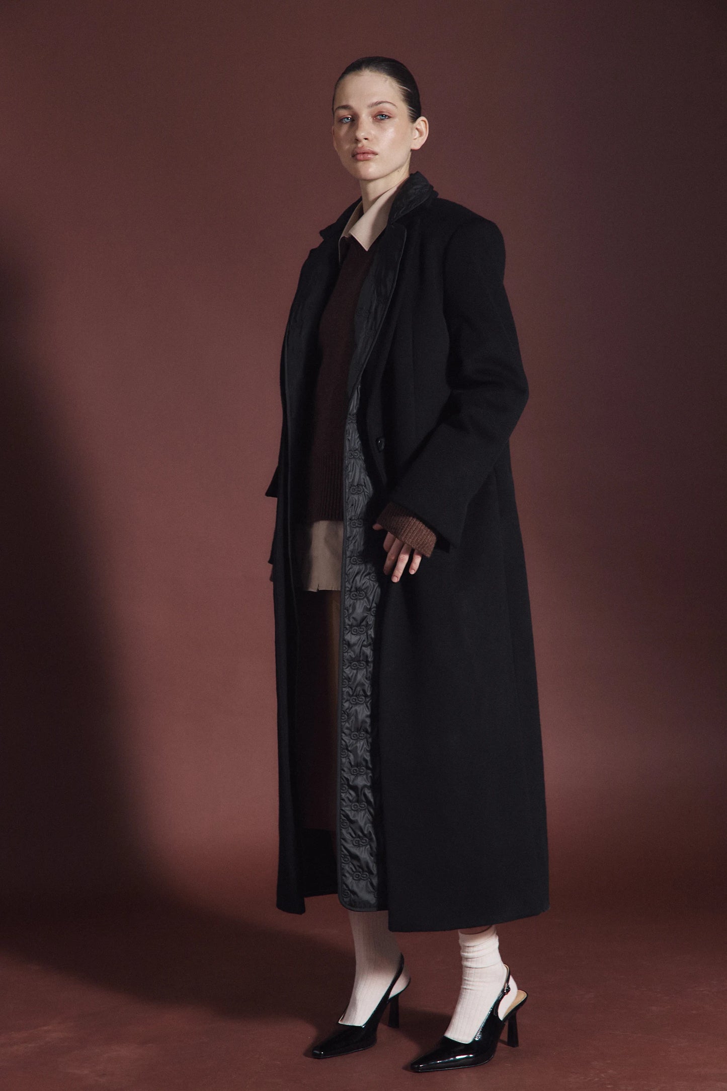 Black textured maxi wool coat