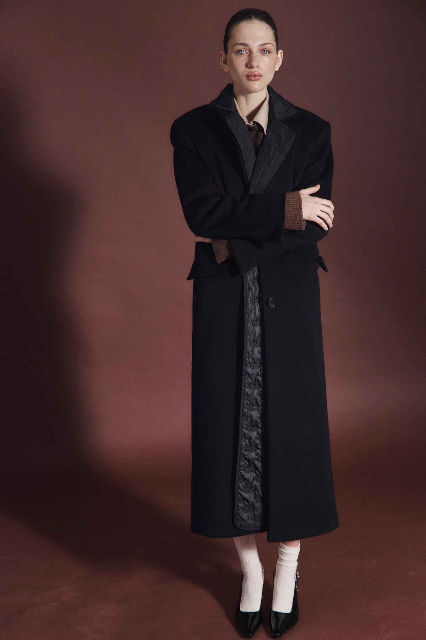 Black textured maxi wool coat