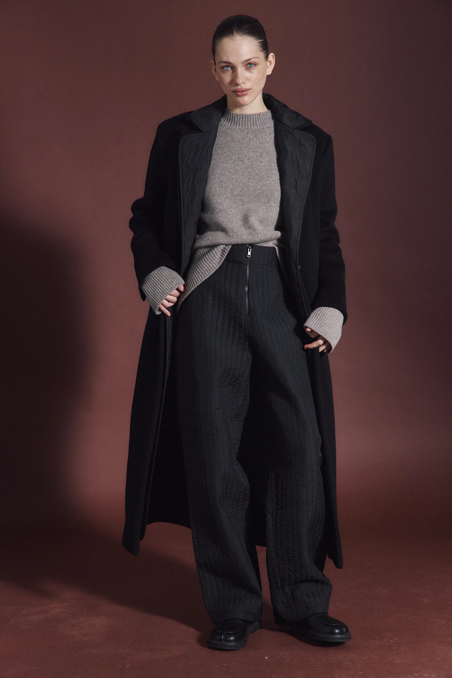 Black textured maxi wool coat