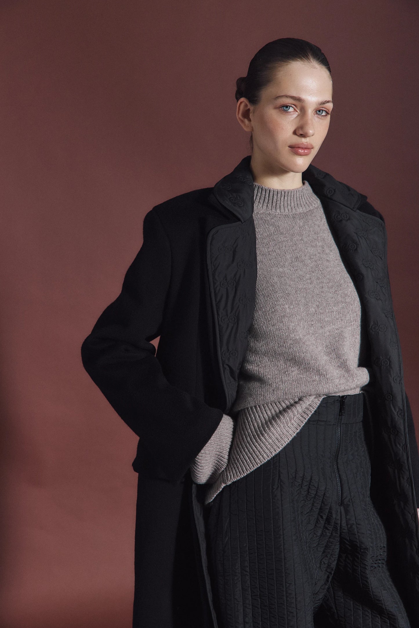 Black textured maxi wool coat