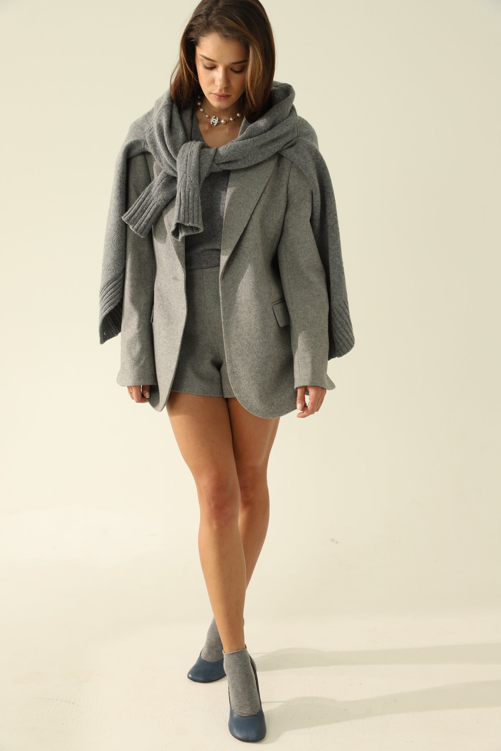 grey wool shorts