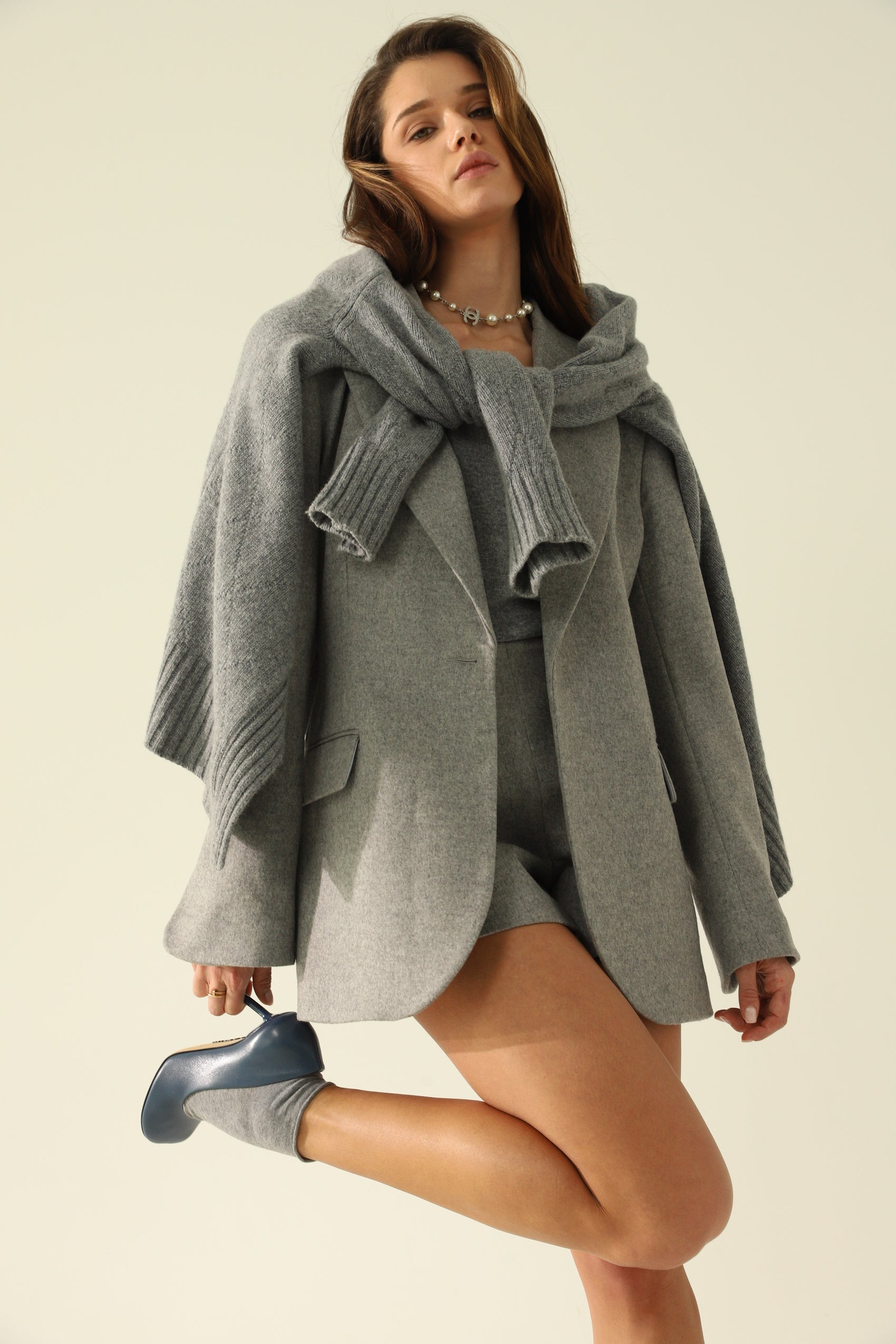 grey wool shorts