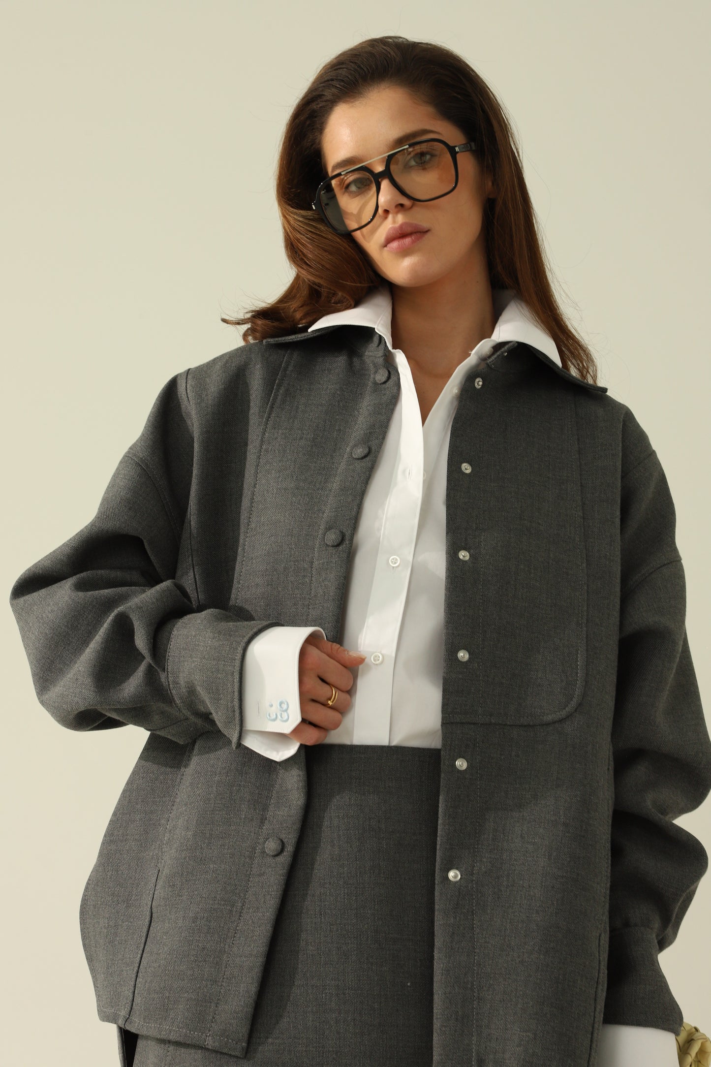 grey shirt and skirt set