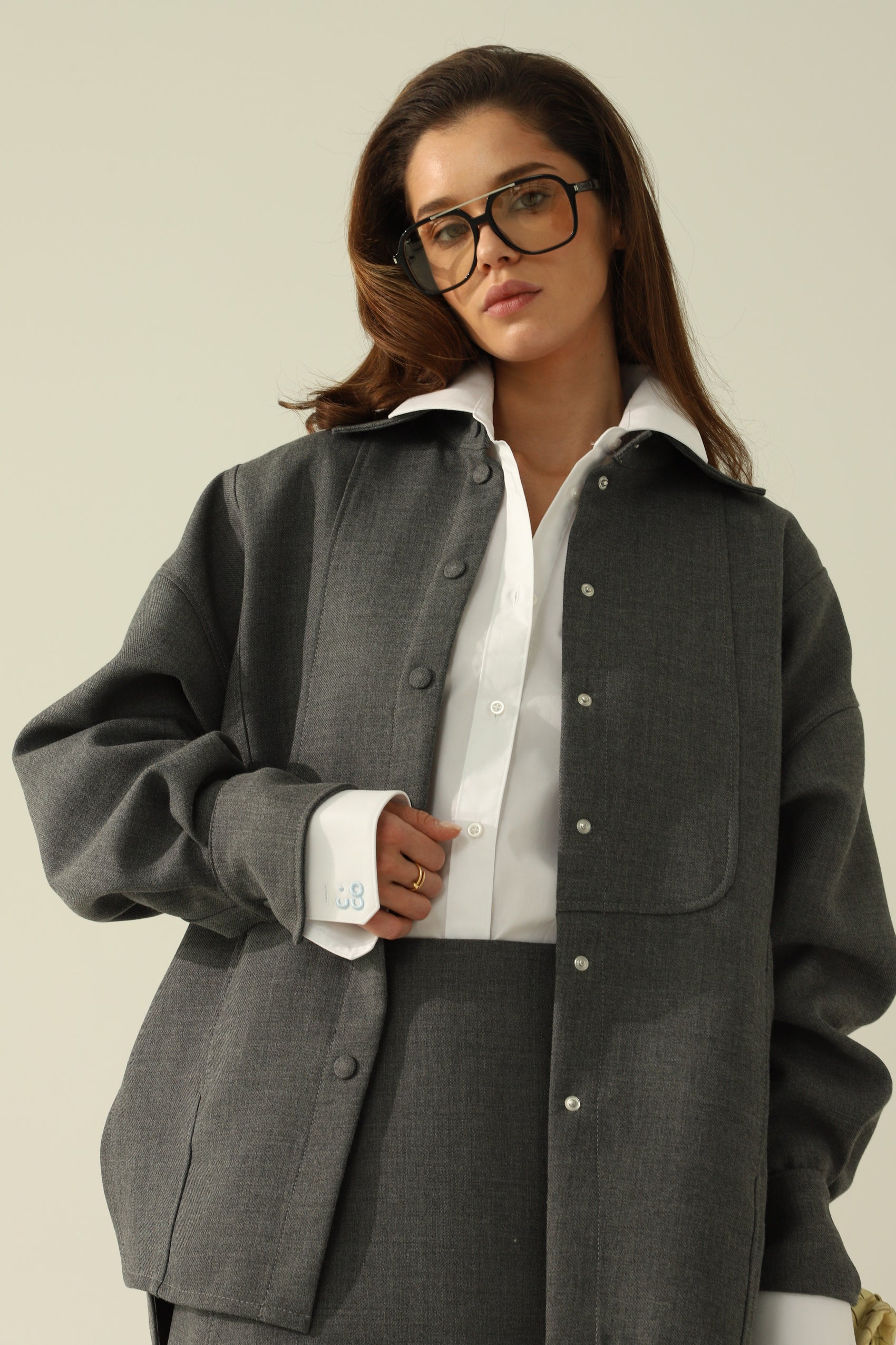 grey shirt and skirt set