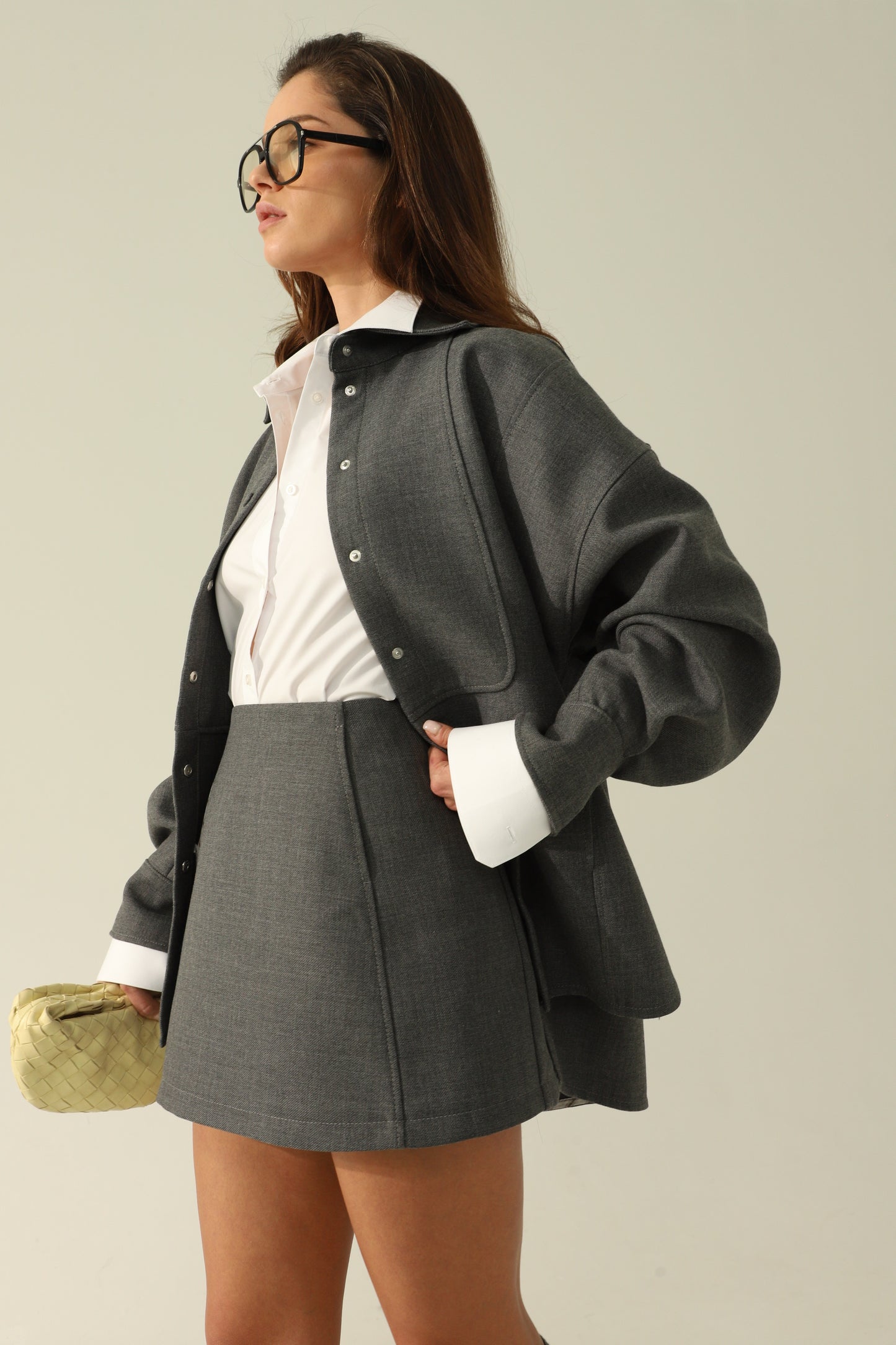 grey shirt and skirt set