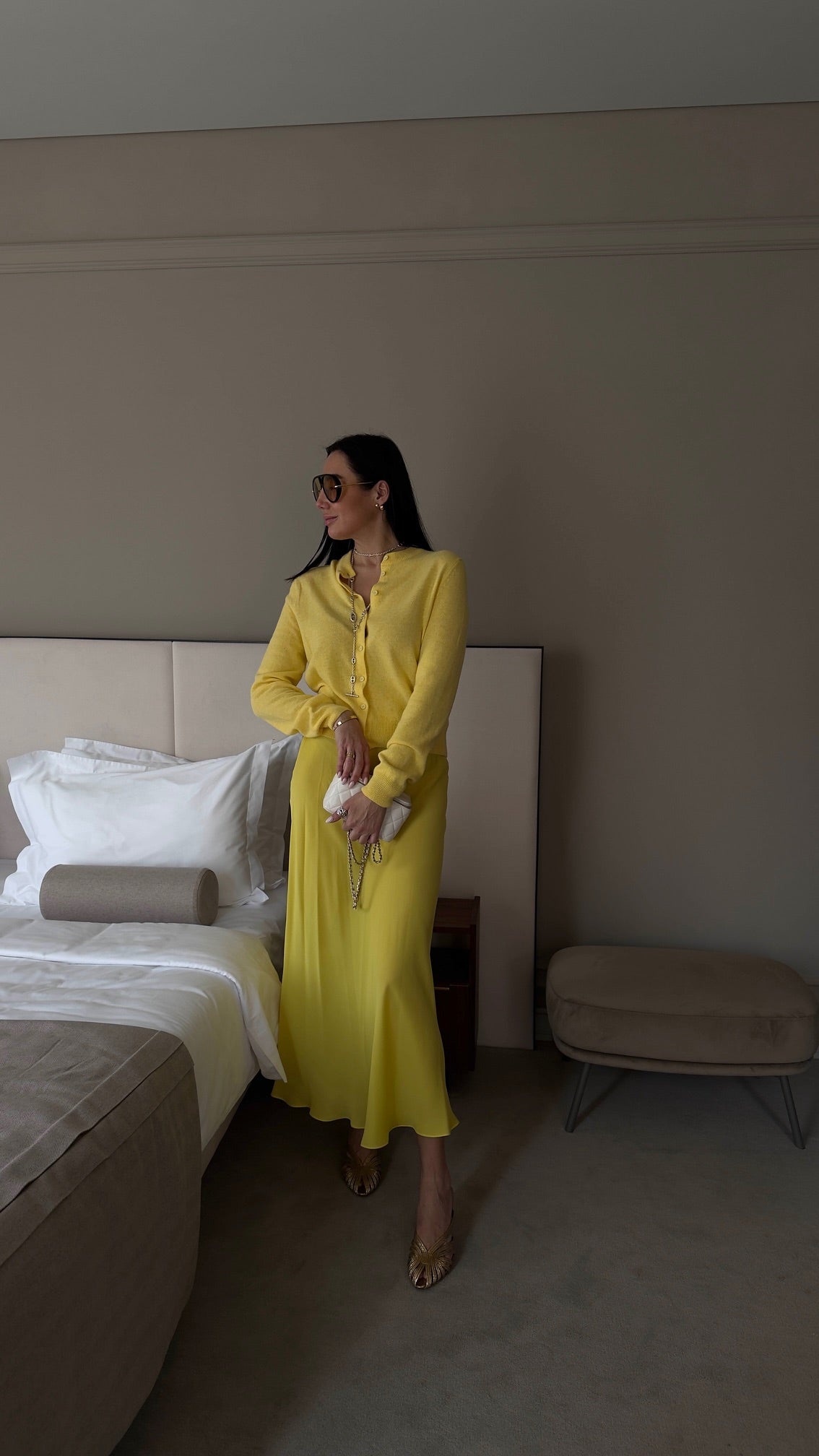 yellow silk midi skirt
