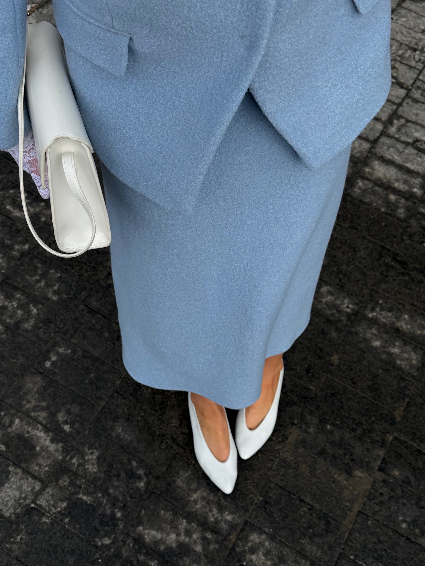 blue boucle midi skirt